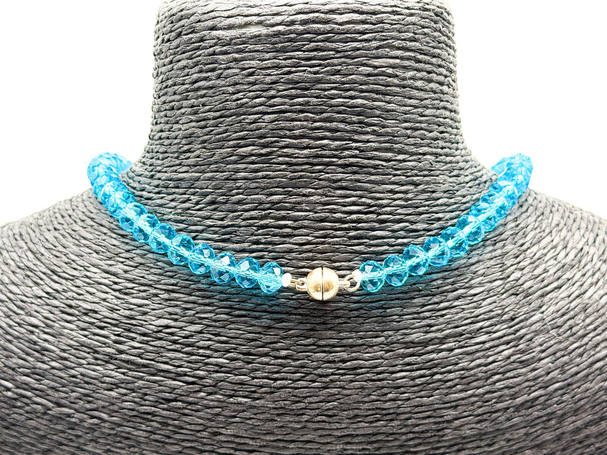 Turquoise Blue Faceted Glass Station Necklace Silver Tone Magnetic Clasp Holiday