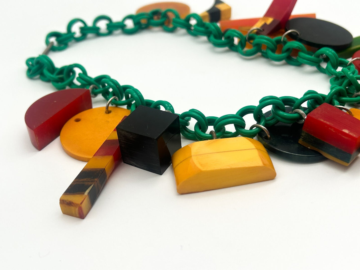 Vintage Bakelite Charm Necklace Attrib. Jan Carlin Celluloid Chain Statement