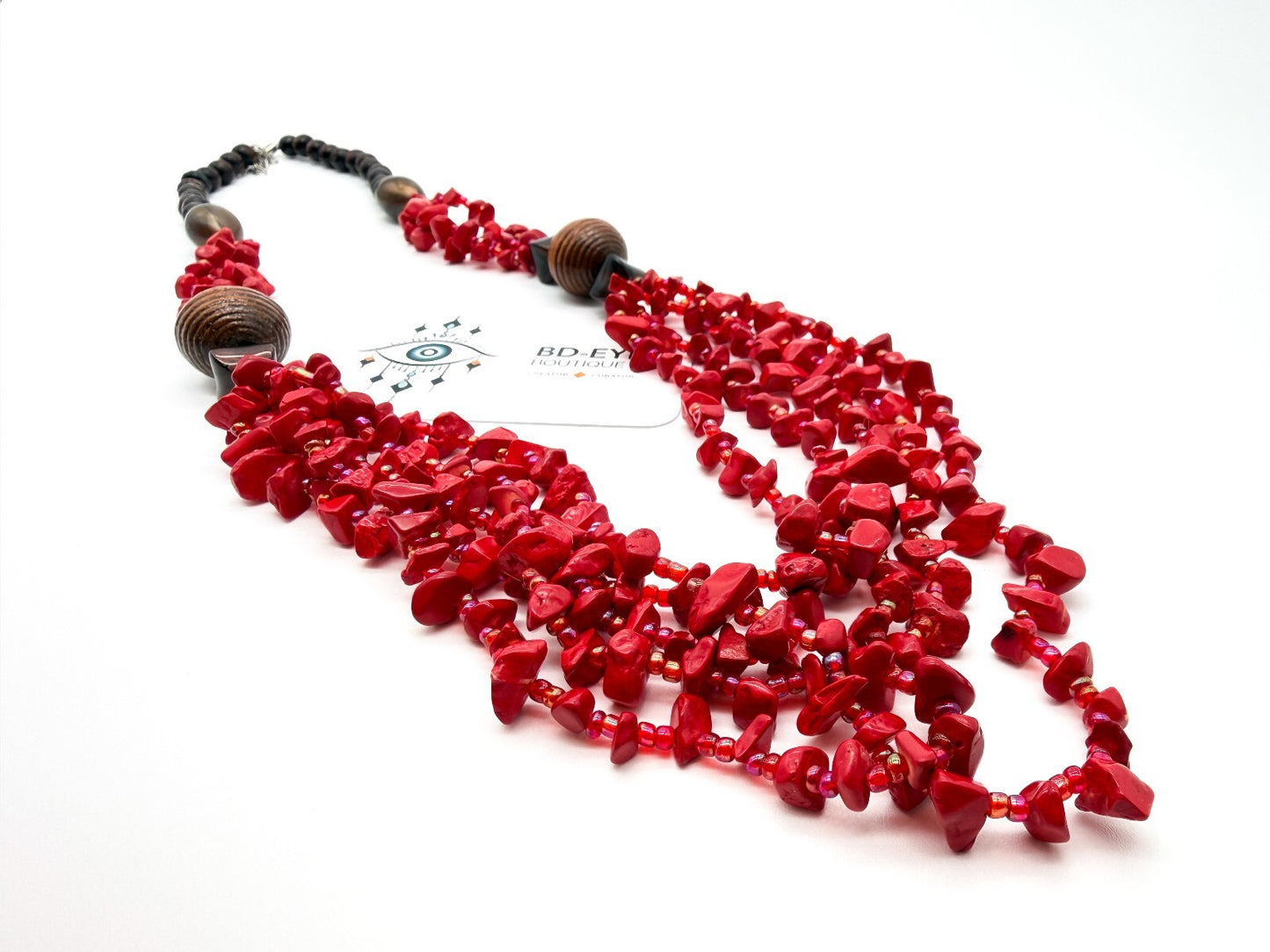 Red Coral Chip 5 Strand Necklace Wood Beads AB Glass Seed Beads 26” Statement