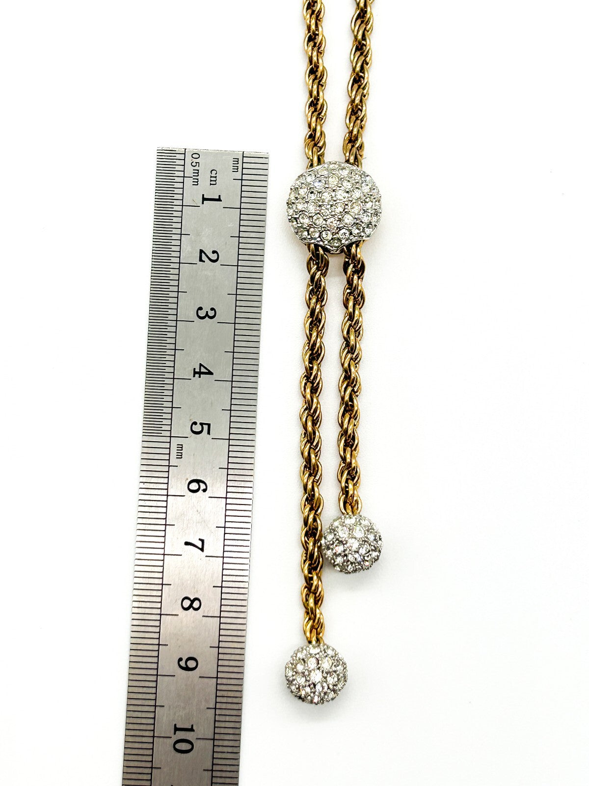 Vintage Gold Tone Rhinestone Bolo Necklace Twisted Rope Chain Adjustable Tassel