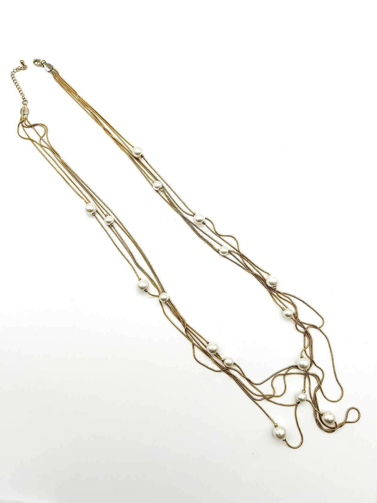 Vintage Gold Tone Multi Strand Snake Chain Necklace Faux Pearl Long Layered