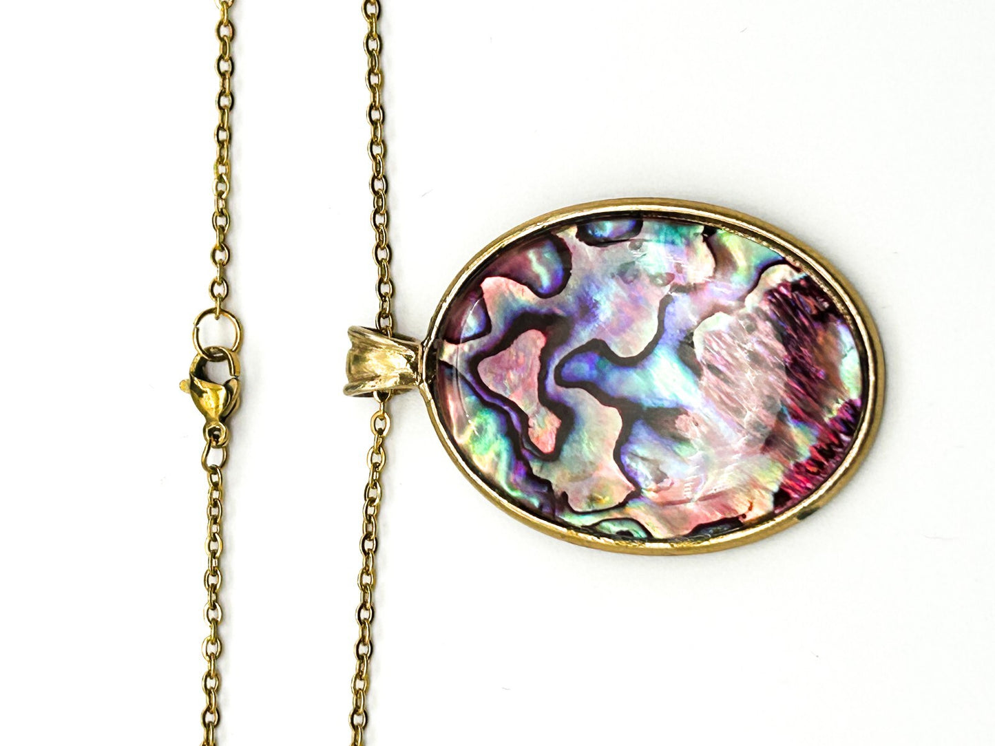 Vintage Abalone Paua Shell Pendant Necklace Gold Tone Oval Iridescent 17.5”