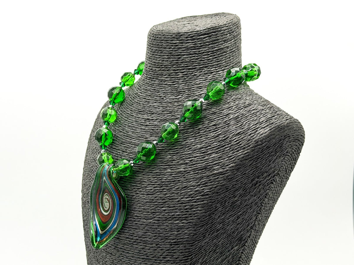 Murano Style Swirl Art Glass Pendant Necklace Green Crystal Glass Toggle Clasp