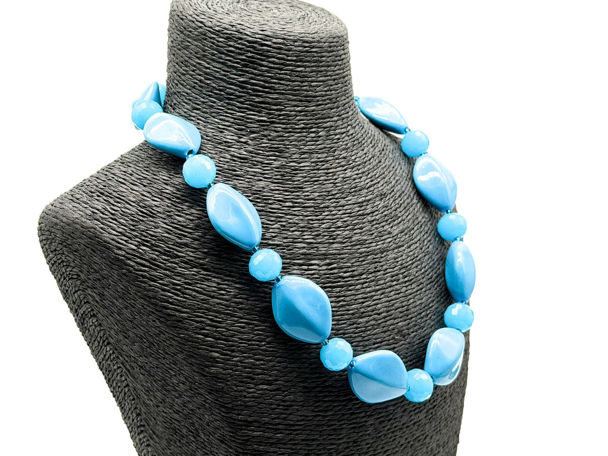 Blue Ceramic Glass Statement Necklace Sky Blue Toggle Clasp 20.5” Summer