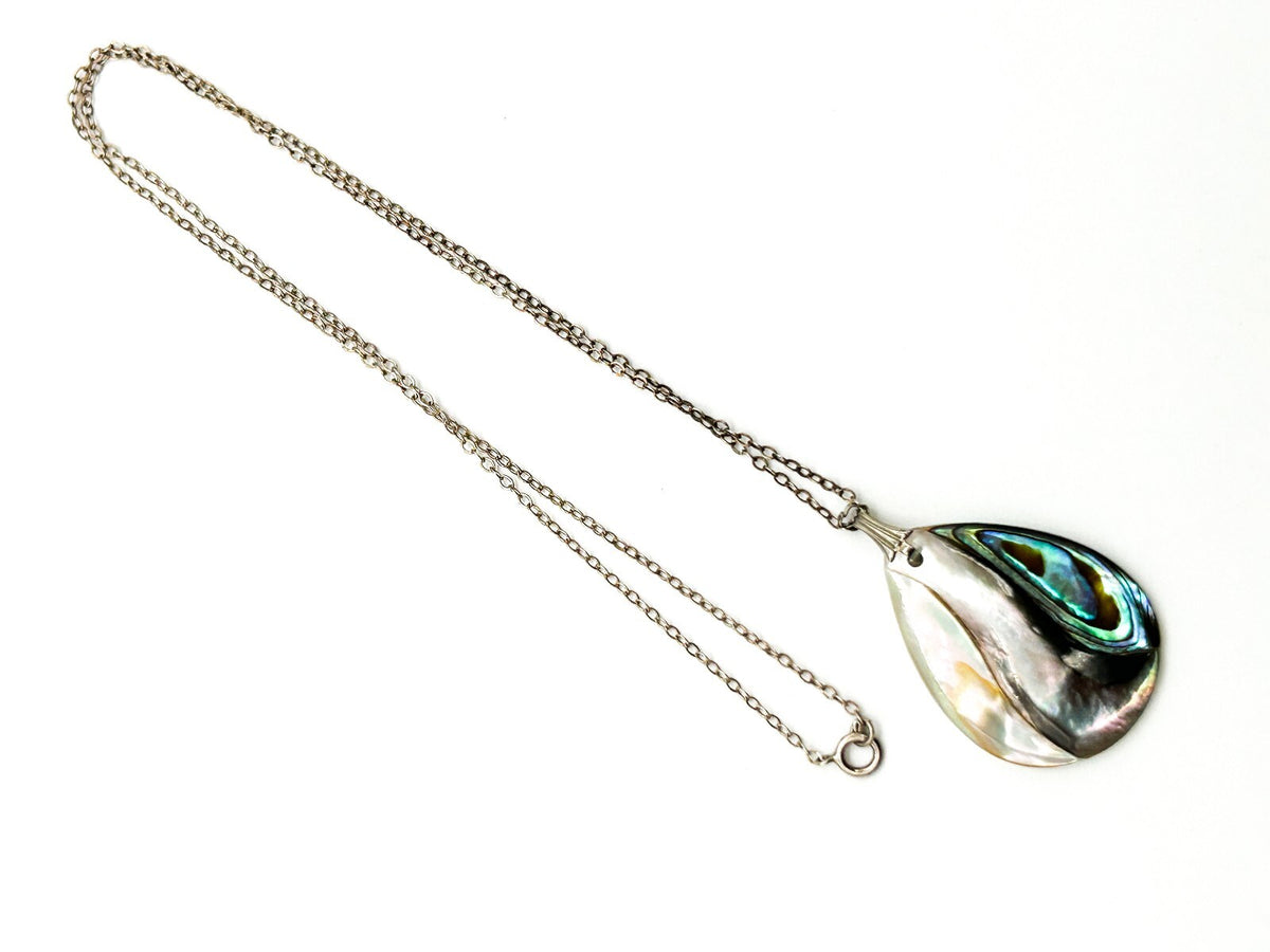 Vintage Sterling Silver Chain Abalone Mother of Pearl Teardrop Pendant Necklace