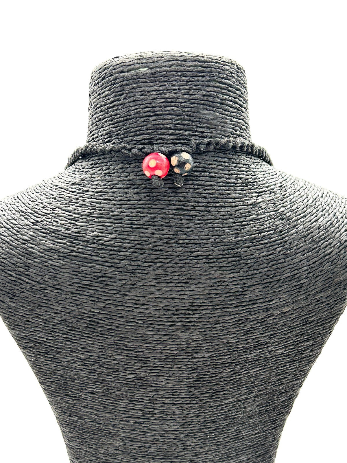 Vintage Black Beige Wooden Bead Necklace Long Chunky Bohemian Statement Retro