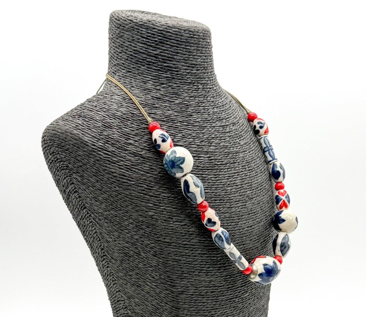 Vintage Red Blue White Ceramic Bead Necklace Adjustable Boho Floral Statement