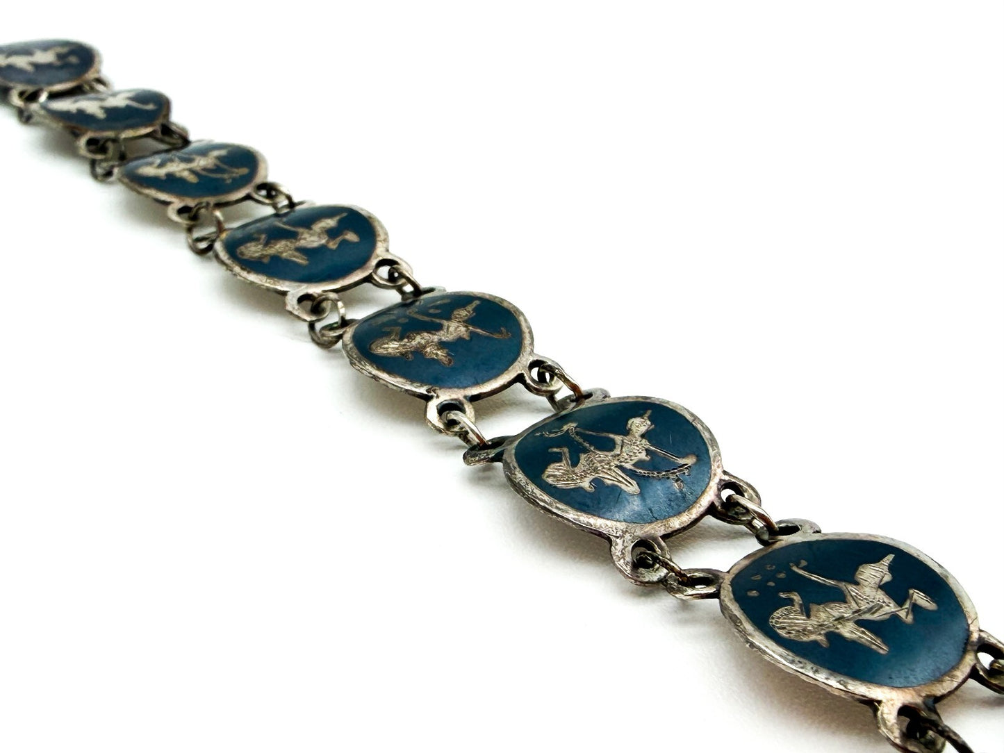 Vintage Siam Sterling Silver Niello Bracelet Thai Dancer Panels 7.5”