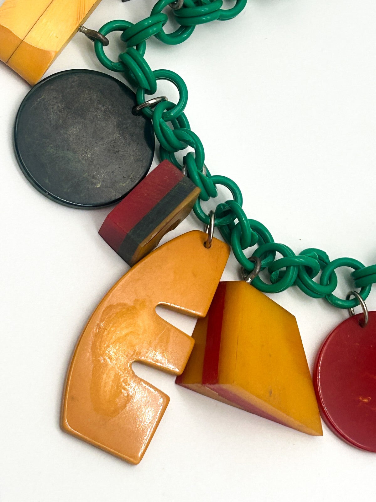 Vintage Bakelite Charm Necklace Attrib. Jan Carlin Celluloid Chain Statement