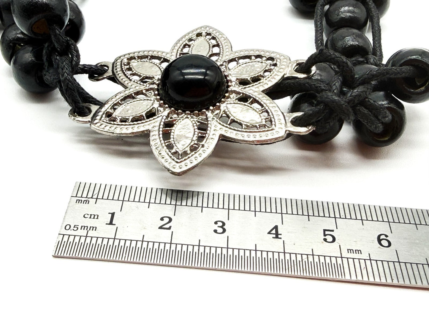 Vintage Black Wooden Bead Tie Belt Multi Strand Boho Floral Silver Tone