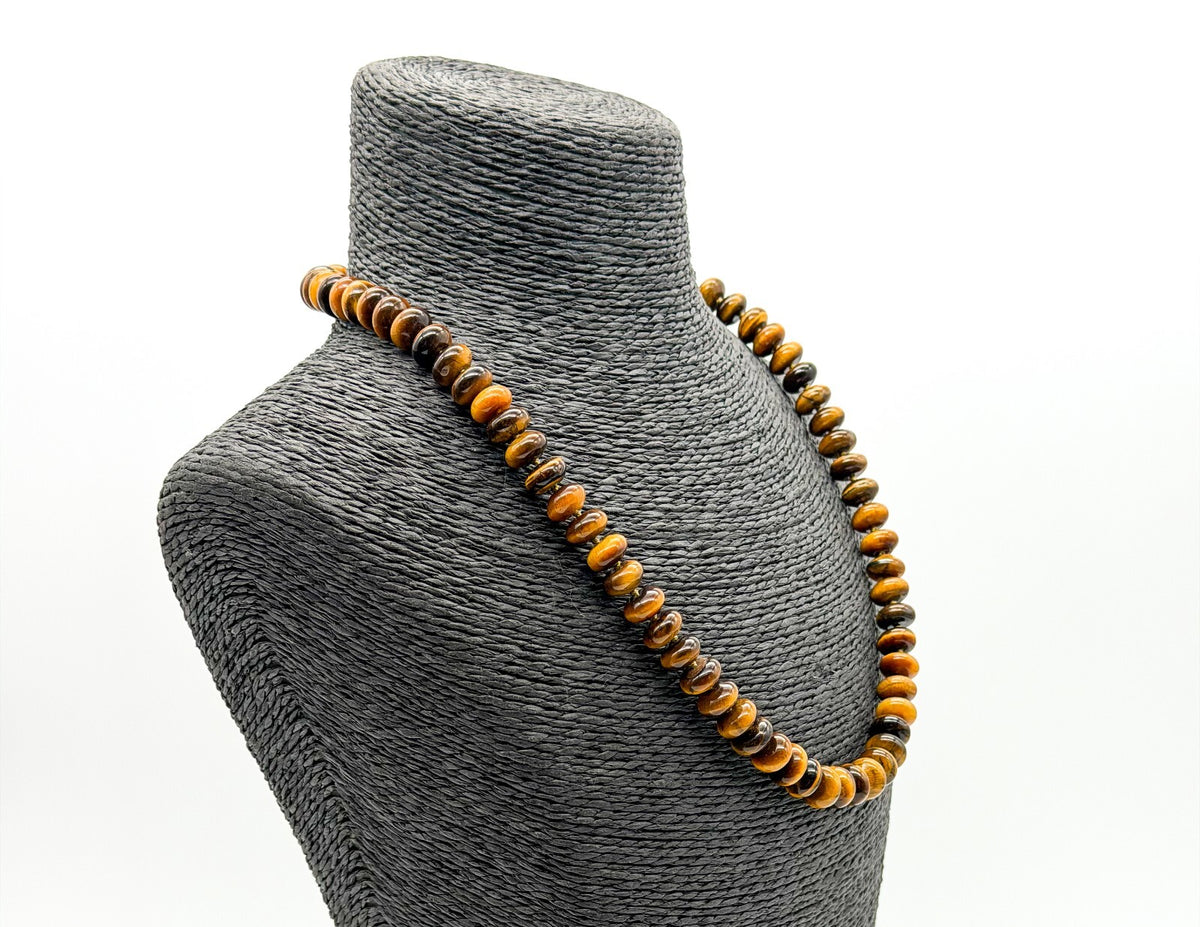 Tiger Eye Disc Bead Necklace Hand Knotted 925 Sterling Silver Clasp Boho 20" 66g