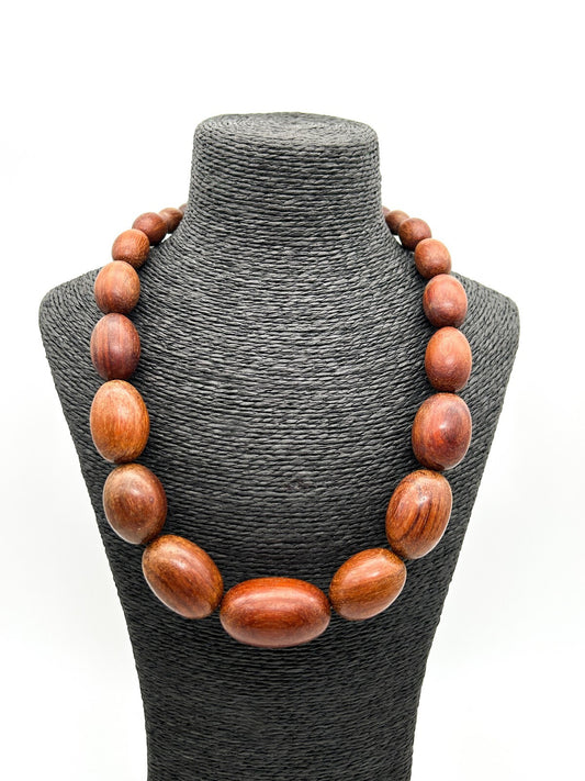 Vintage Chunky Wood Bead Necklace Graduated Oval Natural Wooden Beads