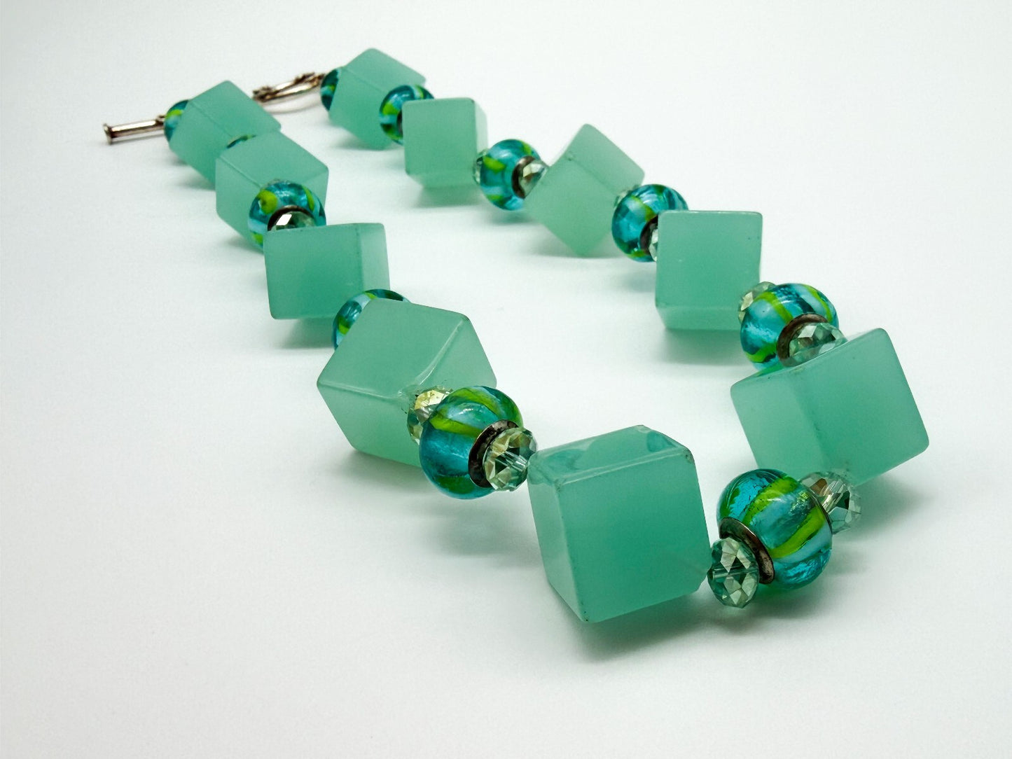 Chunky Mint Green Glass Statement Necklace Lampwork Glass Toggle Clasp