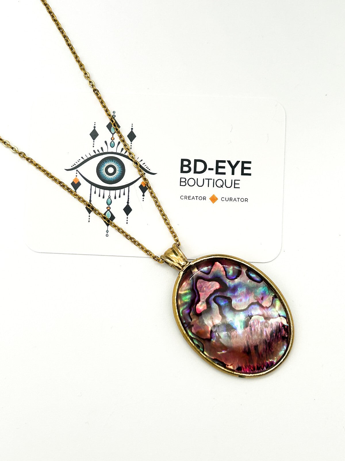 Vintage Abalone Paua Shell Pendant Necklace Gold Tone Oval Iridescent 17.5”