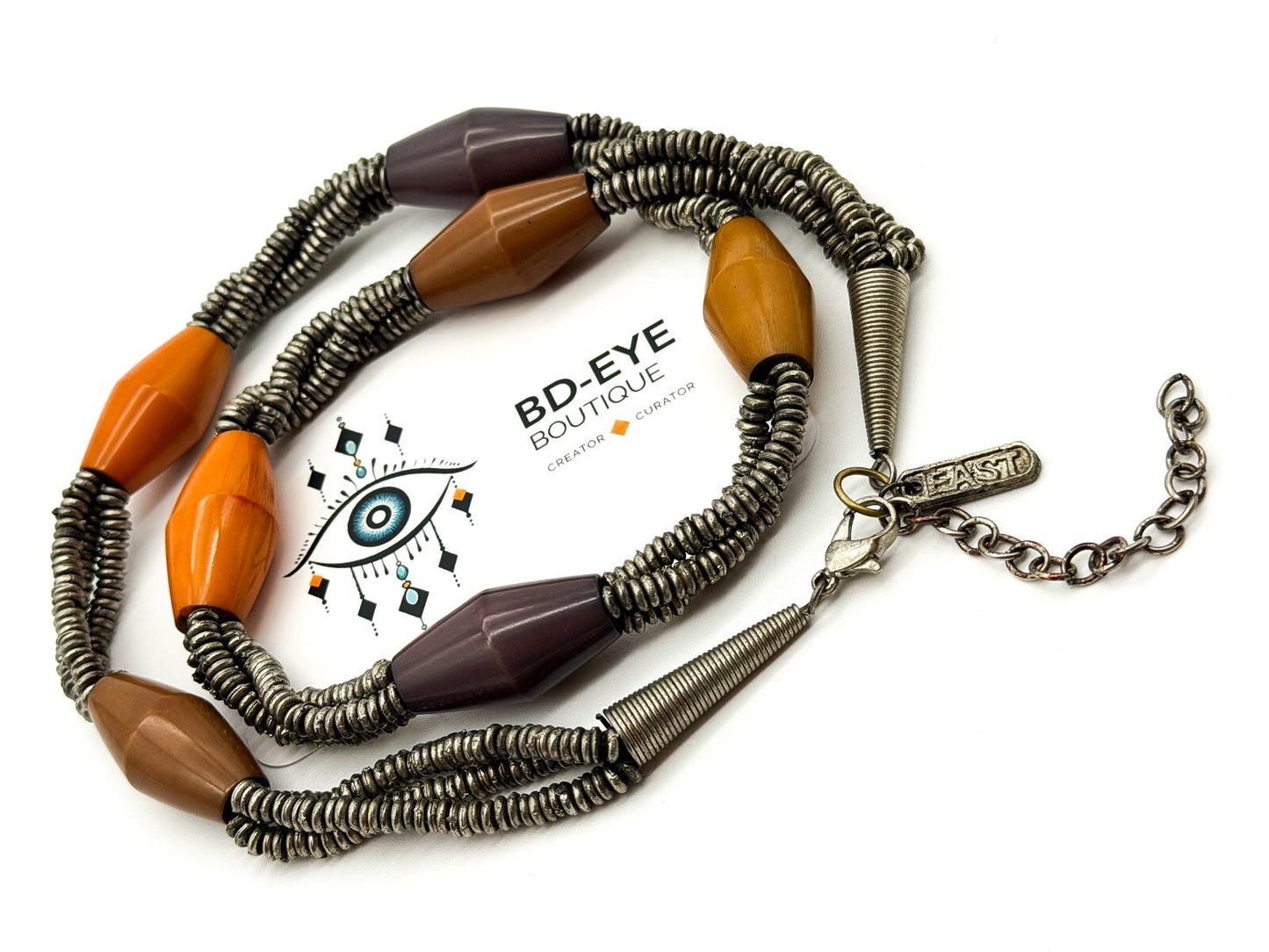 East Triple Strand Statement Necklace Silver Tone Coiled Beads Acrylic Bicone
