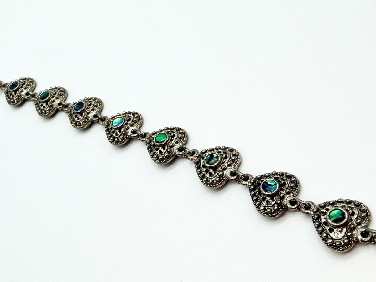 Vintage Abalone Shell Ornate Love Heart Panel Link Bracelet Silver Tone 7”