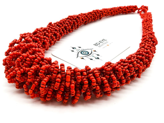 Chunky Red Seed Bead Necklace Handwoven Statement Adjustable Toggle 25”