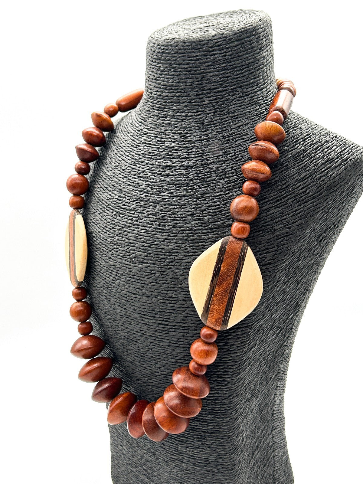 Vintage Chunky Wooden Bead Necklace Striped Geometric Boho 90s Retro Statement