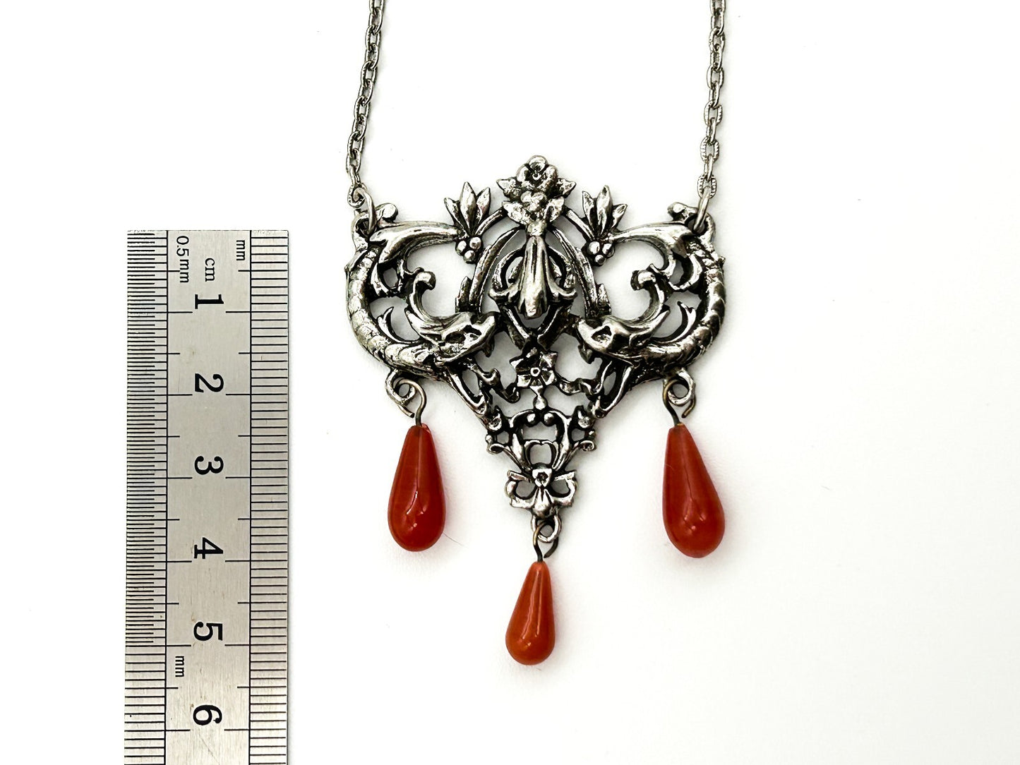 Vintage Art Nouveau Style Pendant Necklace Silver Tone Orange Glass Drops
