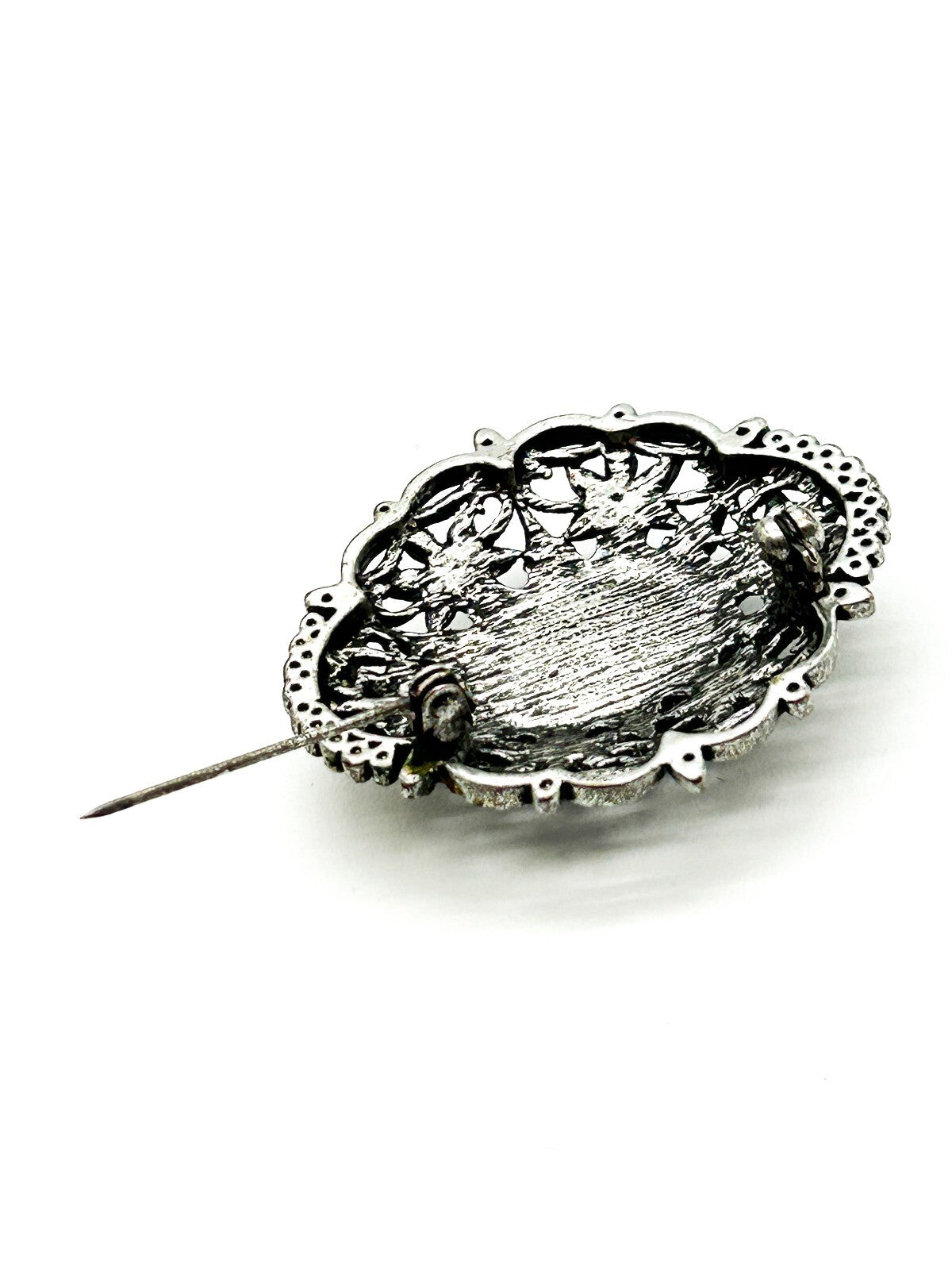Vintage Style Ornate Cat’s Eye Brooch Grey Glass Cabochon Rhinestone Silver Tone