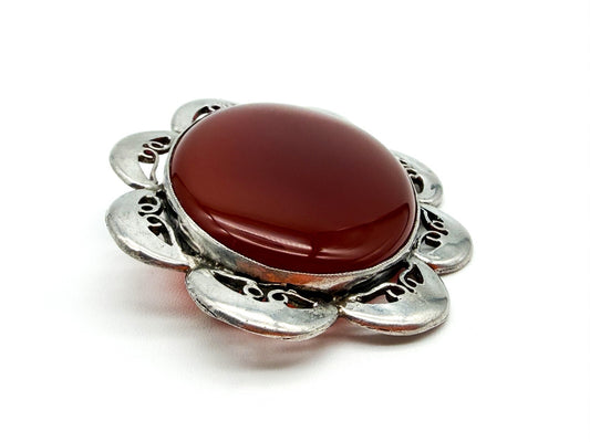 Vintage Carnelian Silver Plated Statement Brooch Oval Gemstone Scalloped Pin