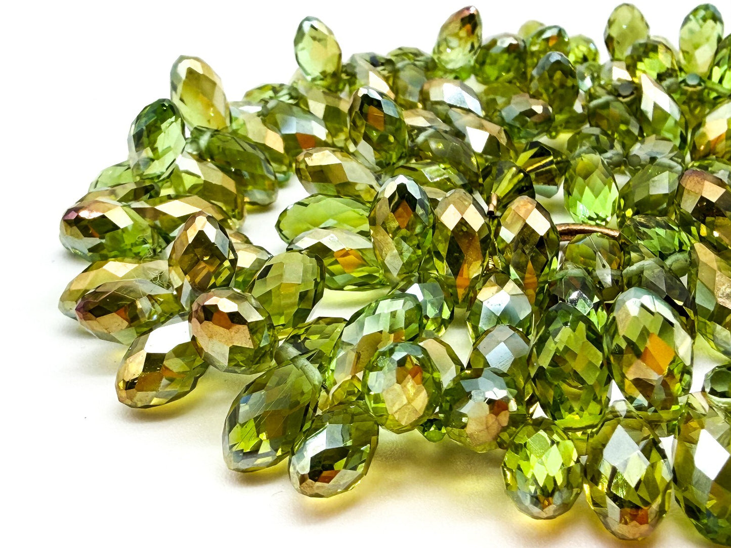 Swarovski Beads Green Crystal Necklace Faceted Teardrop Beads Gold Tone Toggle