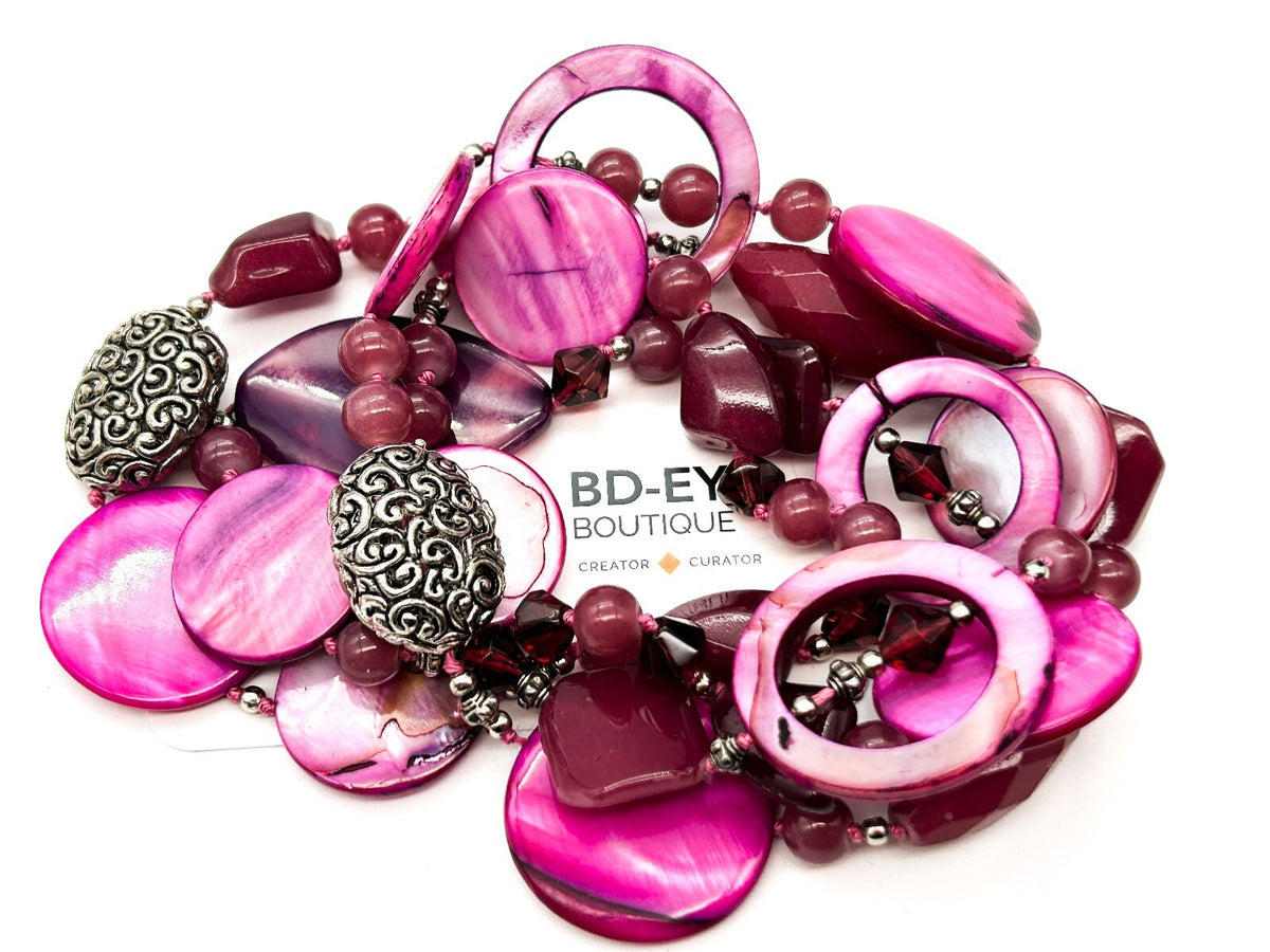 Hand Knotted Pink Shell Statement Necklace Magenta Purple Glass Boho