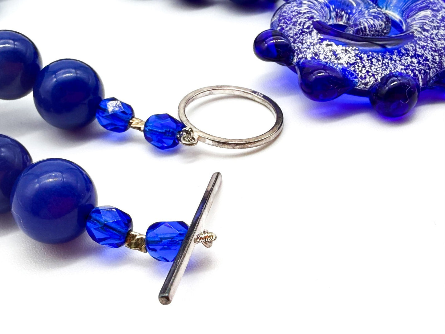 Cobalt Blue Agate Necklace Art Glass Swirl Spiral Pendant Statement Murano-style