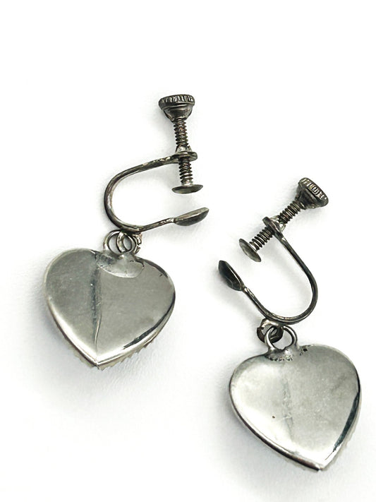 Vintage Sterling Silver Morpho Butterfly Wing Heart Screw Back Earrings Tropical