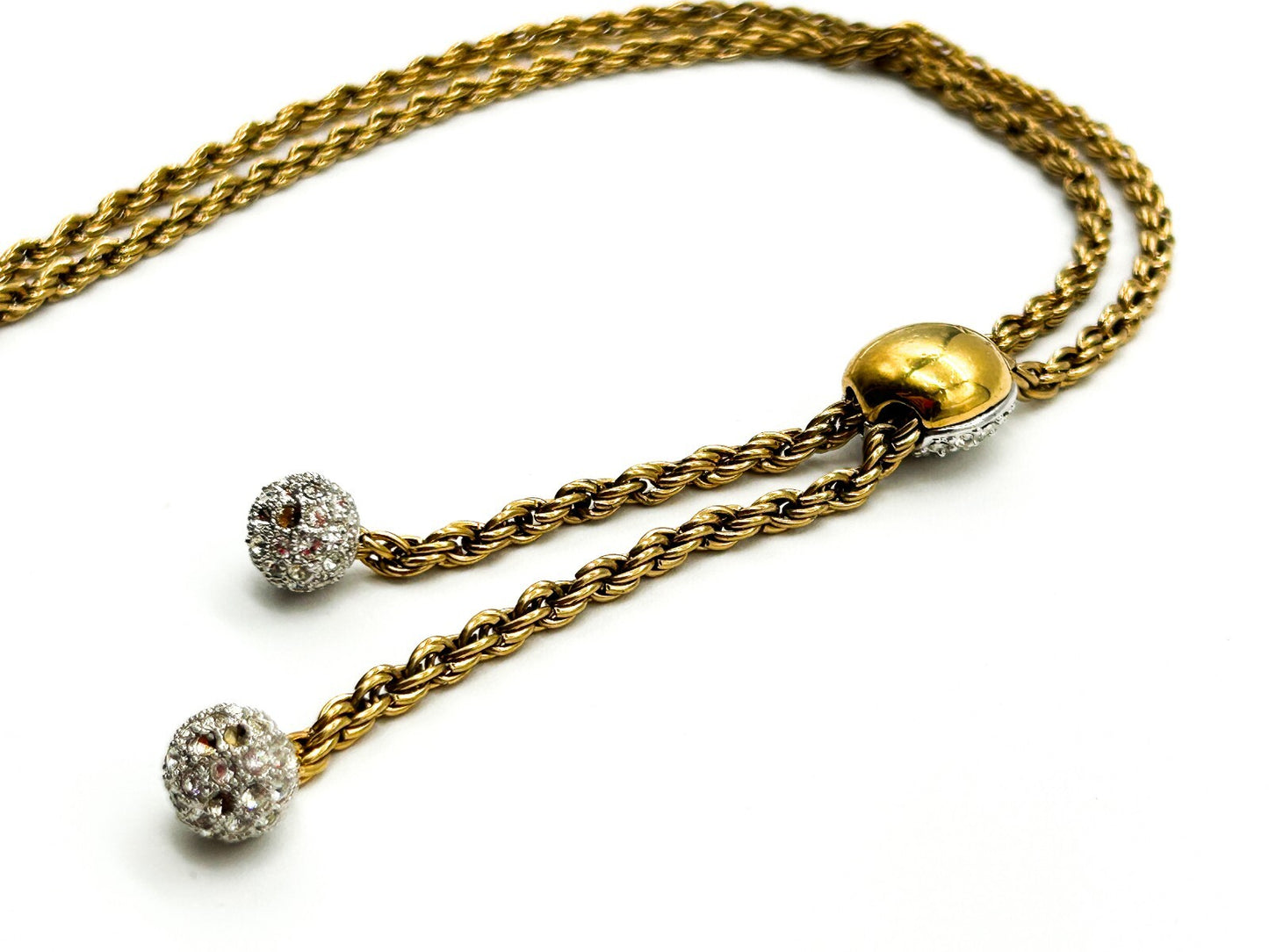 Vintage Gold Tone Rhinestone Bolo Necklace Twisted Rope Chain Adjustable Tassel