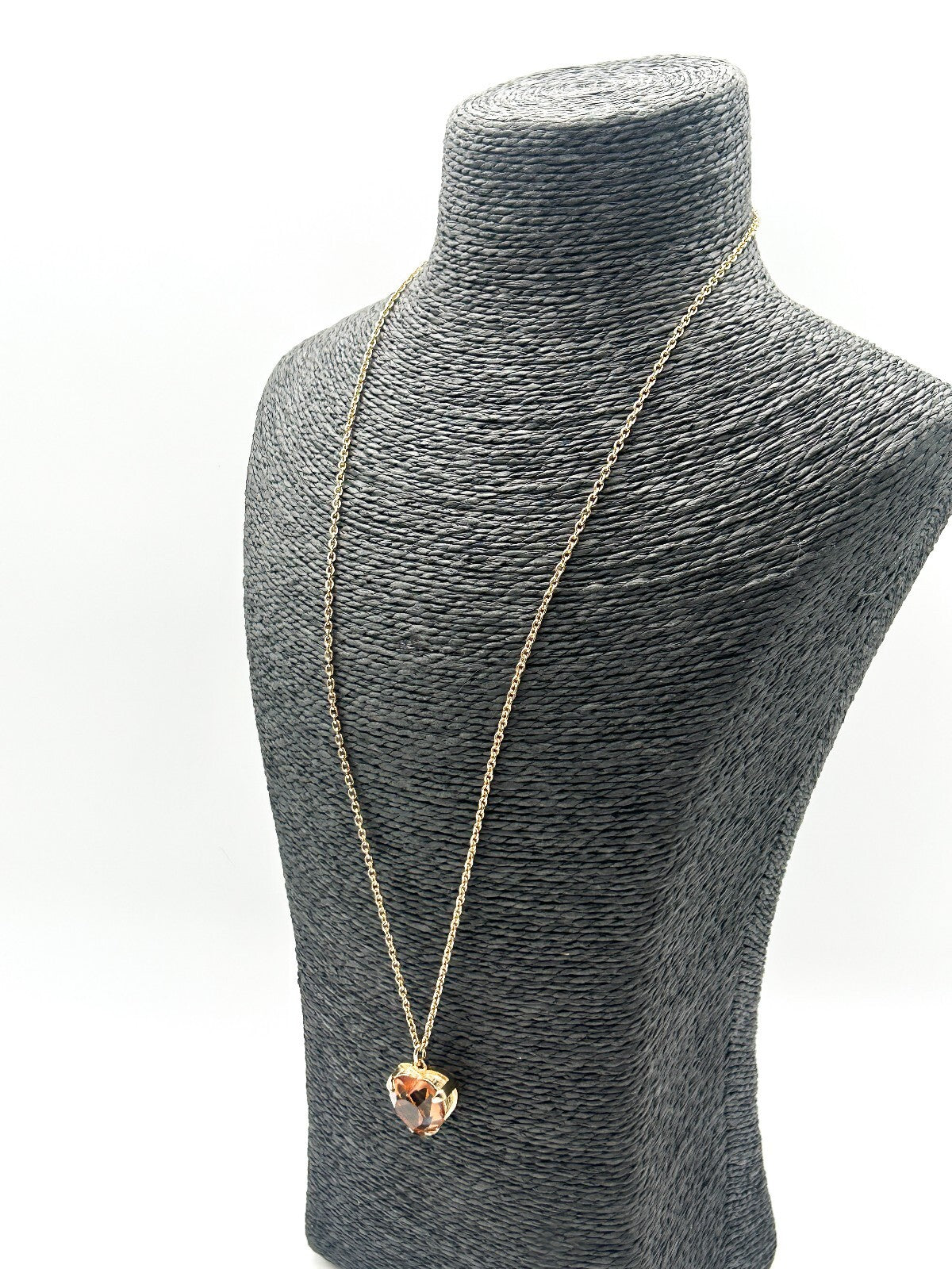 Vintage Gold Tone Smoky Amber Crystal Heart Pendant Necklace Faceted Glass 24”