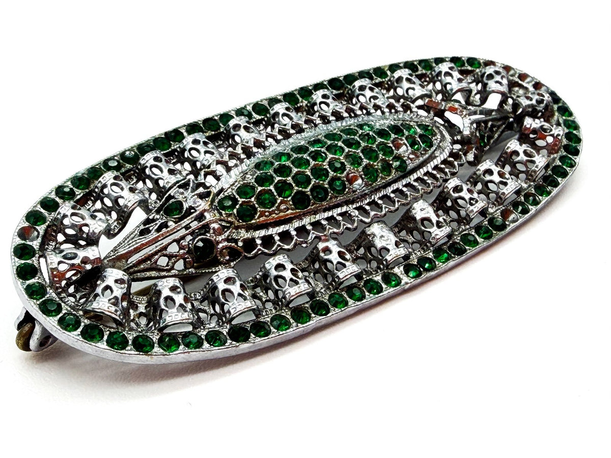 Vintage Art Deco Style Green Rhinestone Filigree Brooch Silver Tone Signed 468