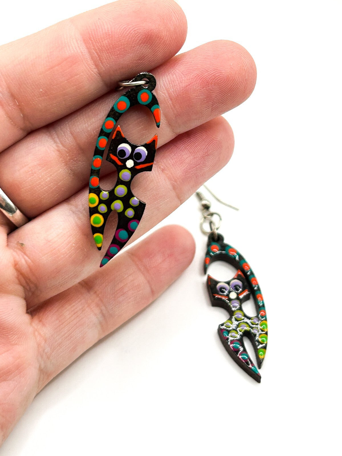 Hand Painted Wooden Cat Earrings Colourful Folk Art Dangle Quirky Felines