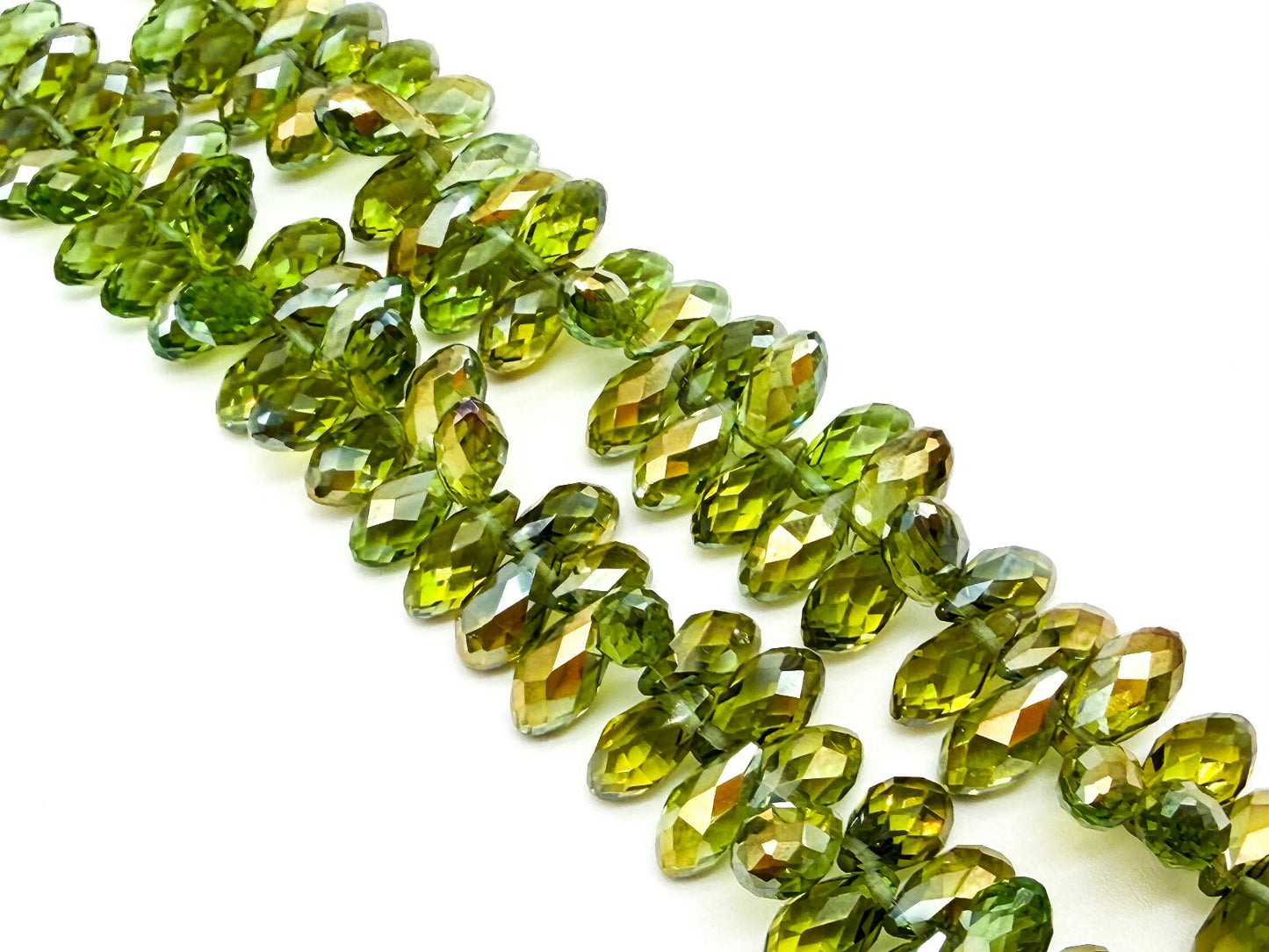 Swarovski Beads Green Crystal Necklace Faceted Teardrop Beads Gold Tone Toggle