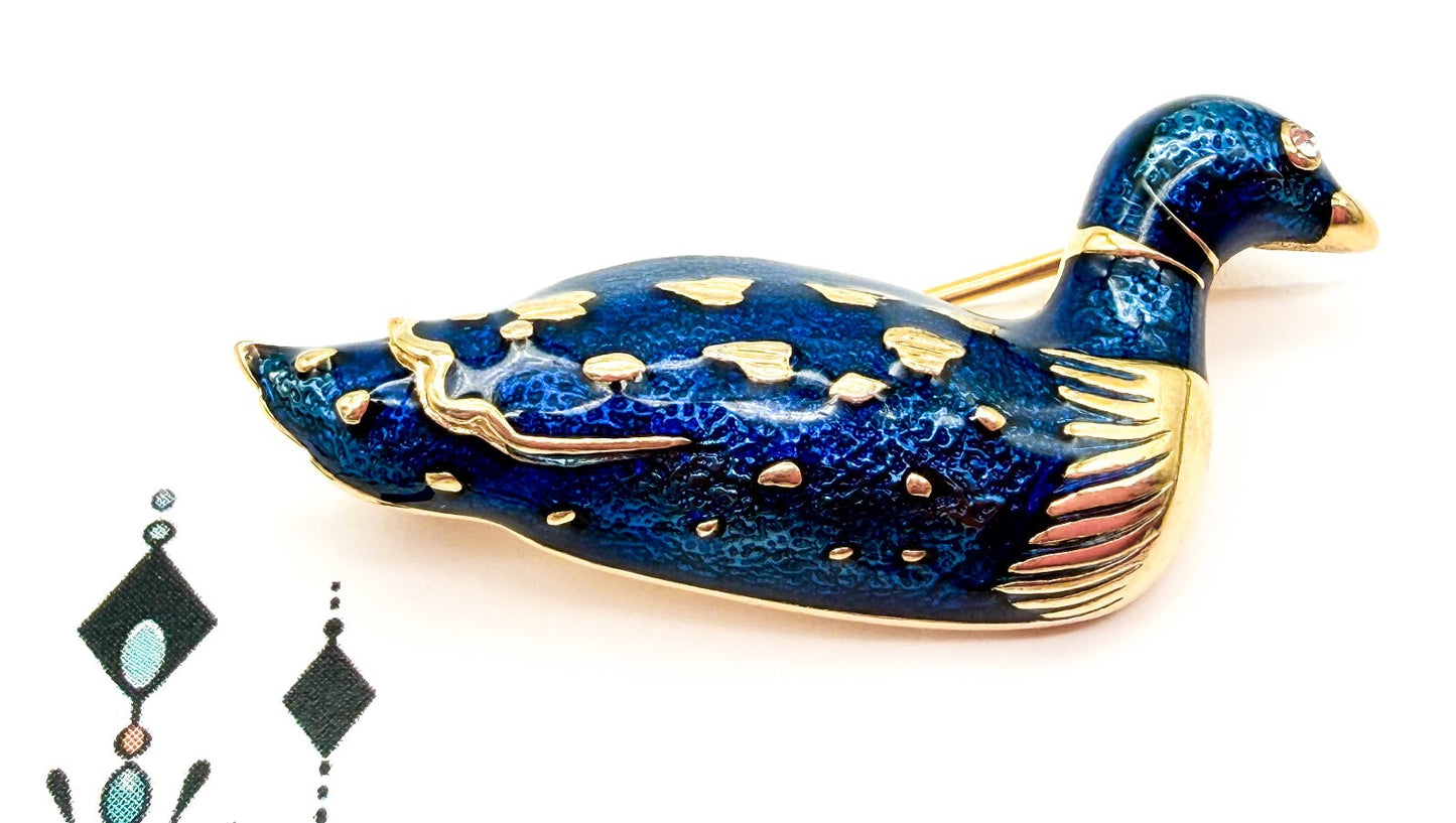 Vintage Blue Enamel Duck Bird Brooch Gold Tone Rhinestone Eye Pin