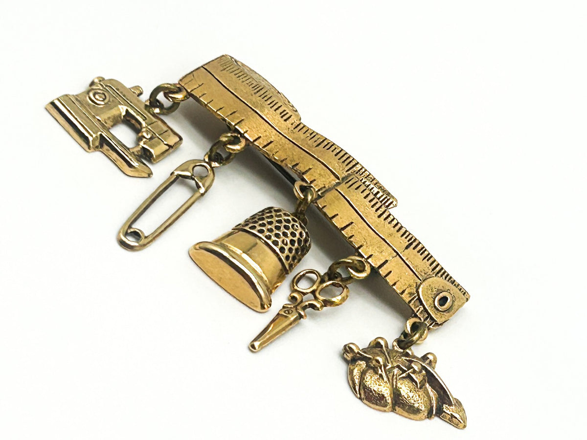 Vintage Gold Tone Sewing Tape Measure Charm Bar Brooch Sewing Machine Scissors