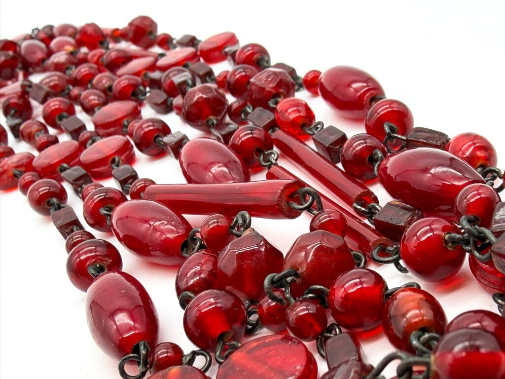 Vintage Red Glass Tube Disc & Oval Bead Necklace Long Layering Continuous Strand