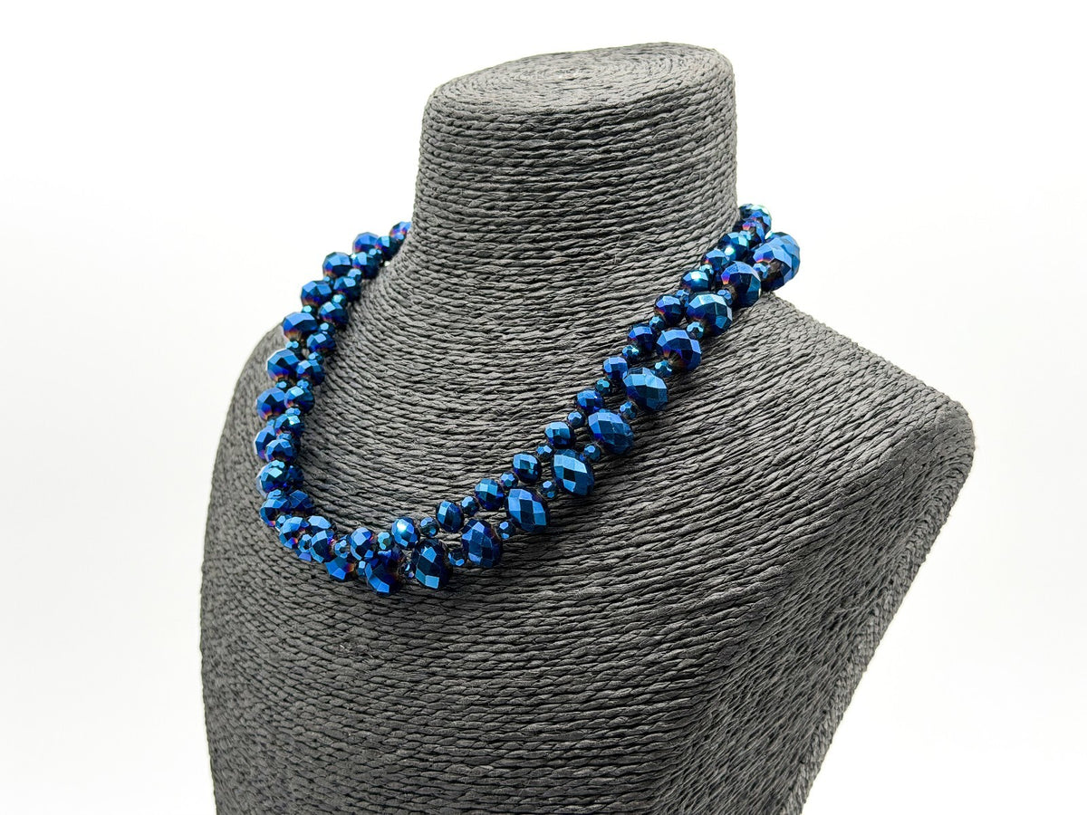 Multi Strand Blue Purple Iridescent Oil Slick Glass Beaded Necklace 925 Toggle