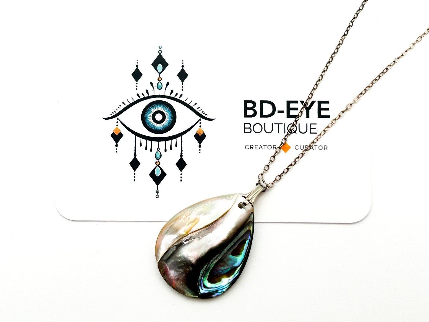 Vintage Sterling Silver Chain Abalone Mother of Pearl Teardrop Pendant Necklace