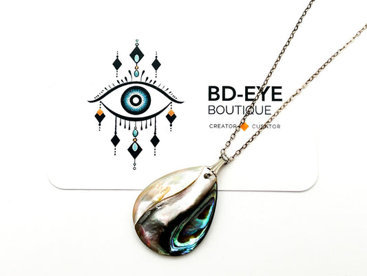 Vintage Sterling Silver Chain Abalone Mother of Pearl Teardrop Pendant Necklace
