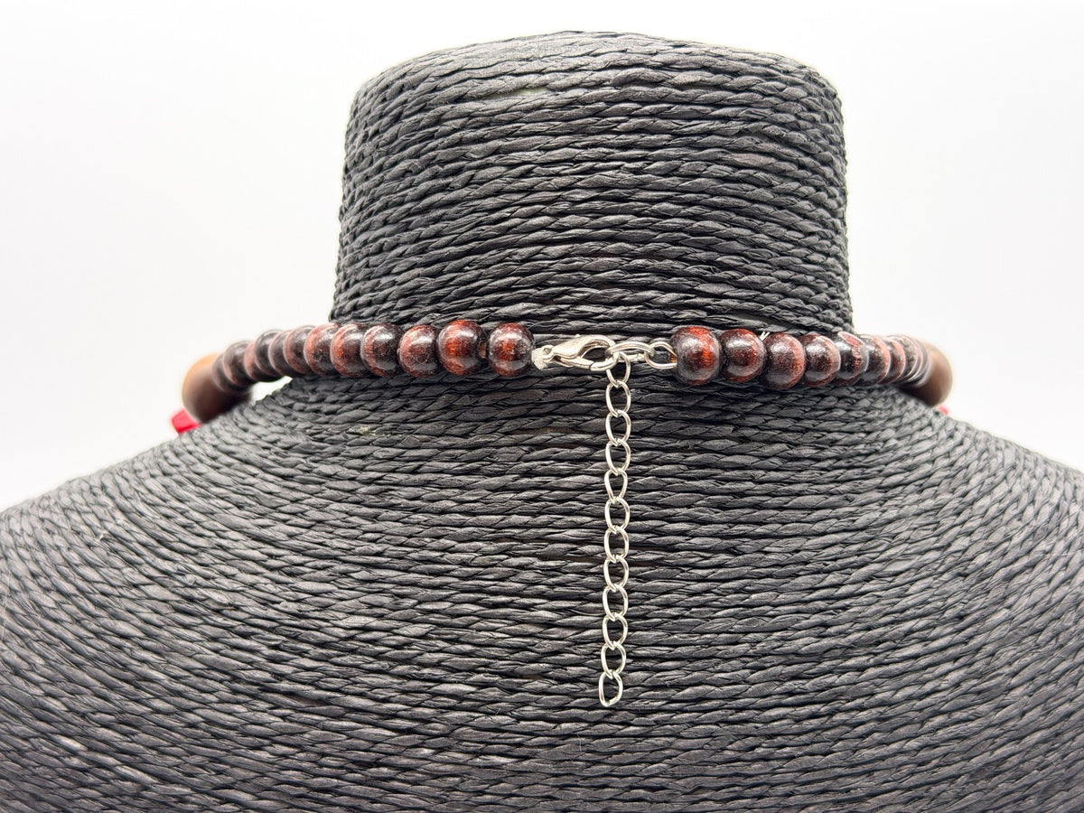 Red Coral Chip 5 Strand Necklace Wood Beads AB Glass Seed Beads 26” Statement
