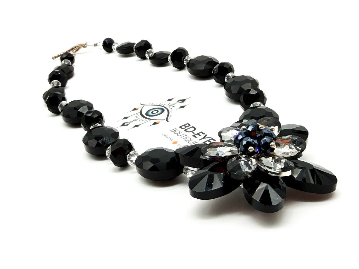 Black Crystal Flower Statement Necklace Earrings Set Faceted Glass Evening Wear