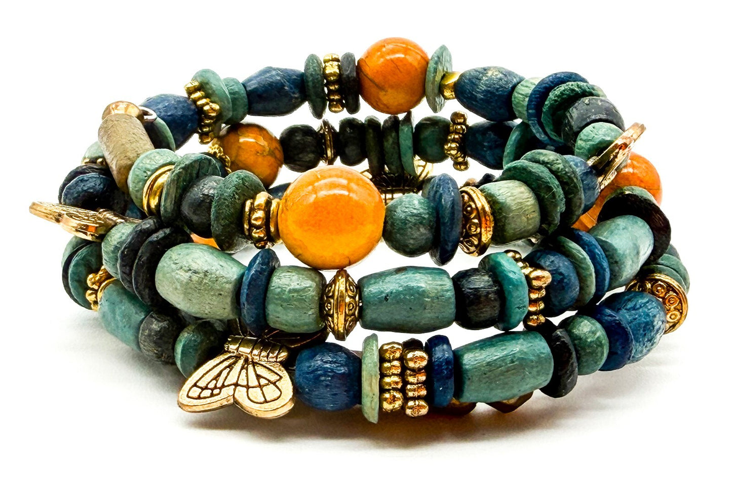 Boho Memory Wire Bracelet Bundle Set 4 Lapis Lazuli Wood Beaded Stack Bracelets