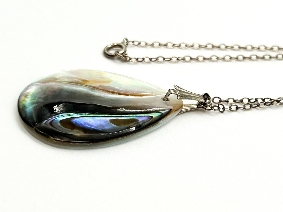 Vintage Sterling Silver Chain Abalone Mother of Pearl Teardrop Pendant Necklace