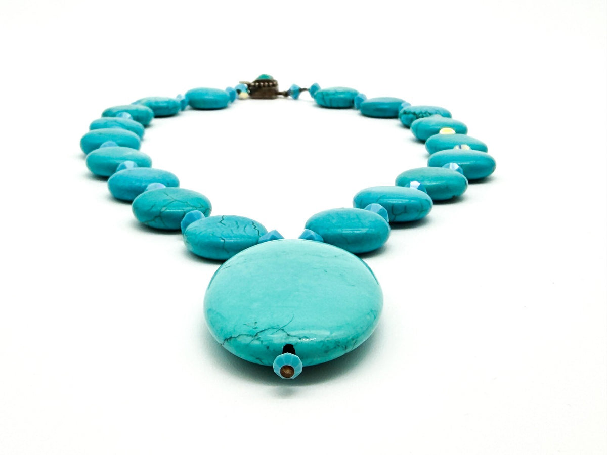 Turquoise Blue Magnesite Pendant Necklace AB Crystal Sterling Silver Box Clasp