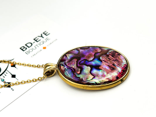 Vintage Abalone Paua Shell Pendant Necklace Gold Tone Oval Iridescent 17.5”