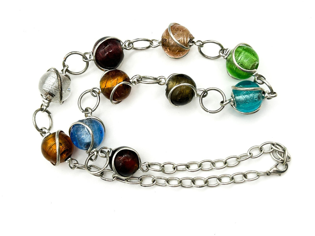 Vintage Multicolour Foil Art Glass Necklace Silver Tone Wrapped Beads Statement