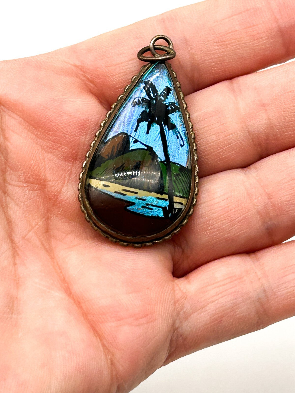 Vintage Morpho Butterfly Wing Pendant Brazil Bubble Glass Deco Reverse Painted
