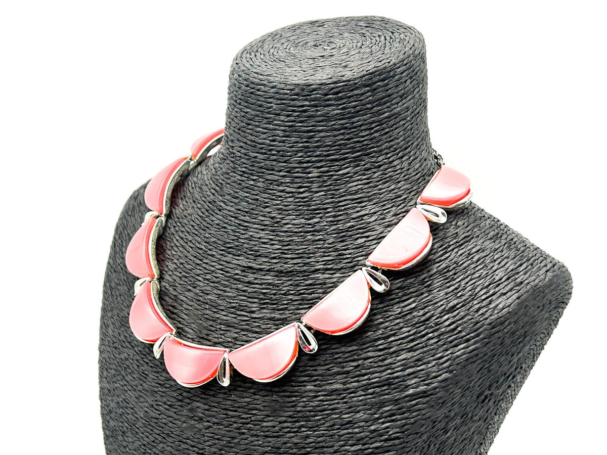 Vintage Star Signed Pink Thermoset Lucite Necklace 1950s Silver Tone Collar