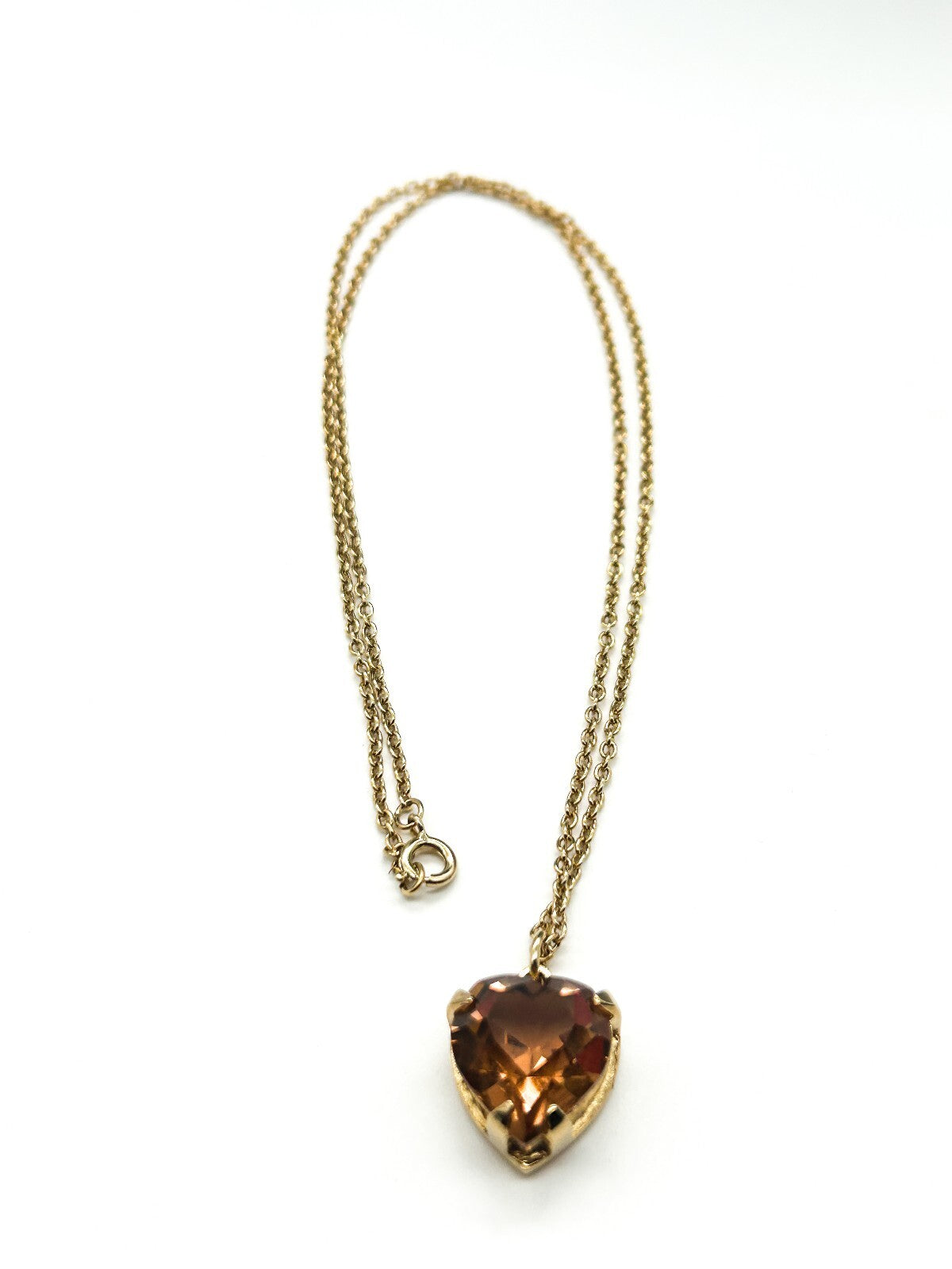 Vintage Gold Tone Smoky Amber Crystal Heart Pendant Necklace Faceted Glass 24”